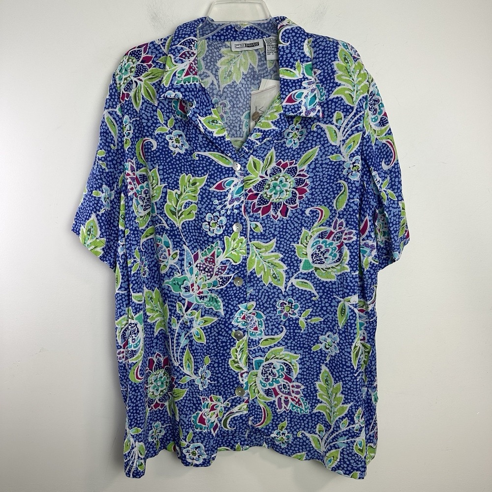 C M Shapes Floral Short Sleeve Button Down Shirt Top Blue Green Womens‎ 2X New